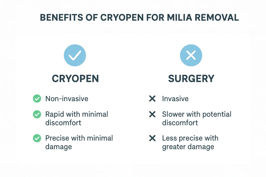 Benefits of cryopen for milia removal Greenford compared to surgical treatments.