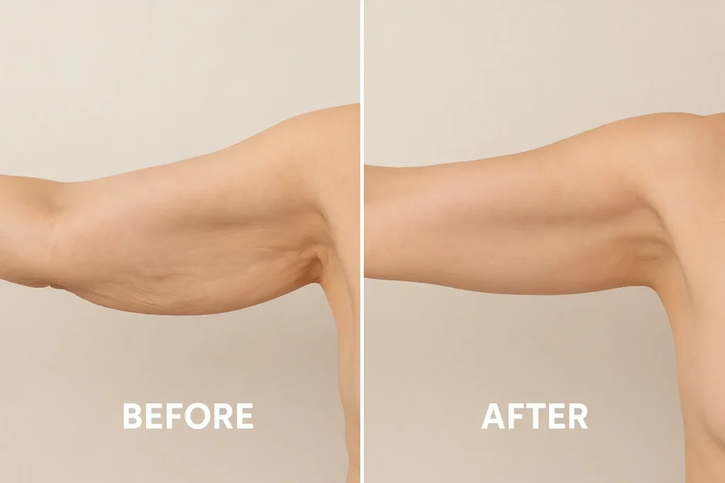Picture of LA LIPO Greenford before and after results of skin tightening treatment on the upper arms.
