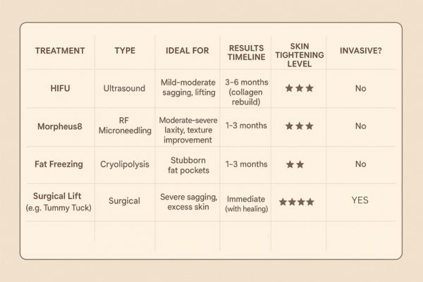 Table showing the comparisons of Skin tightening Greenford treatment options.